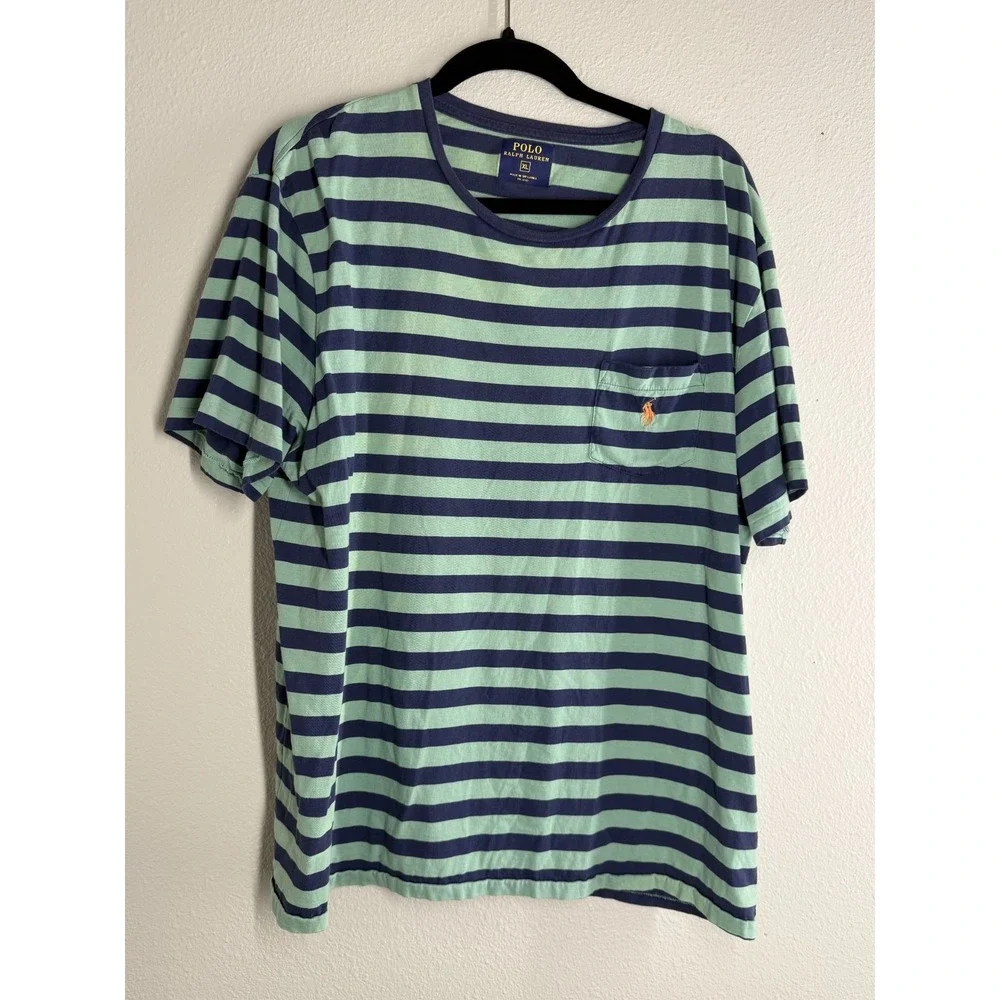 Polo Ralph Lauren Mens XL Striped Pocket T-Shirt Navy Blue Mint Green Pony Logo
